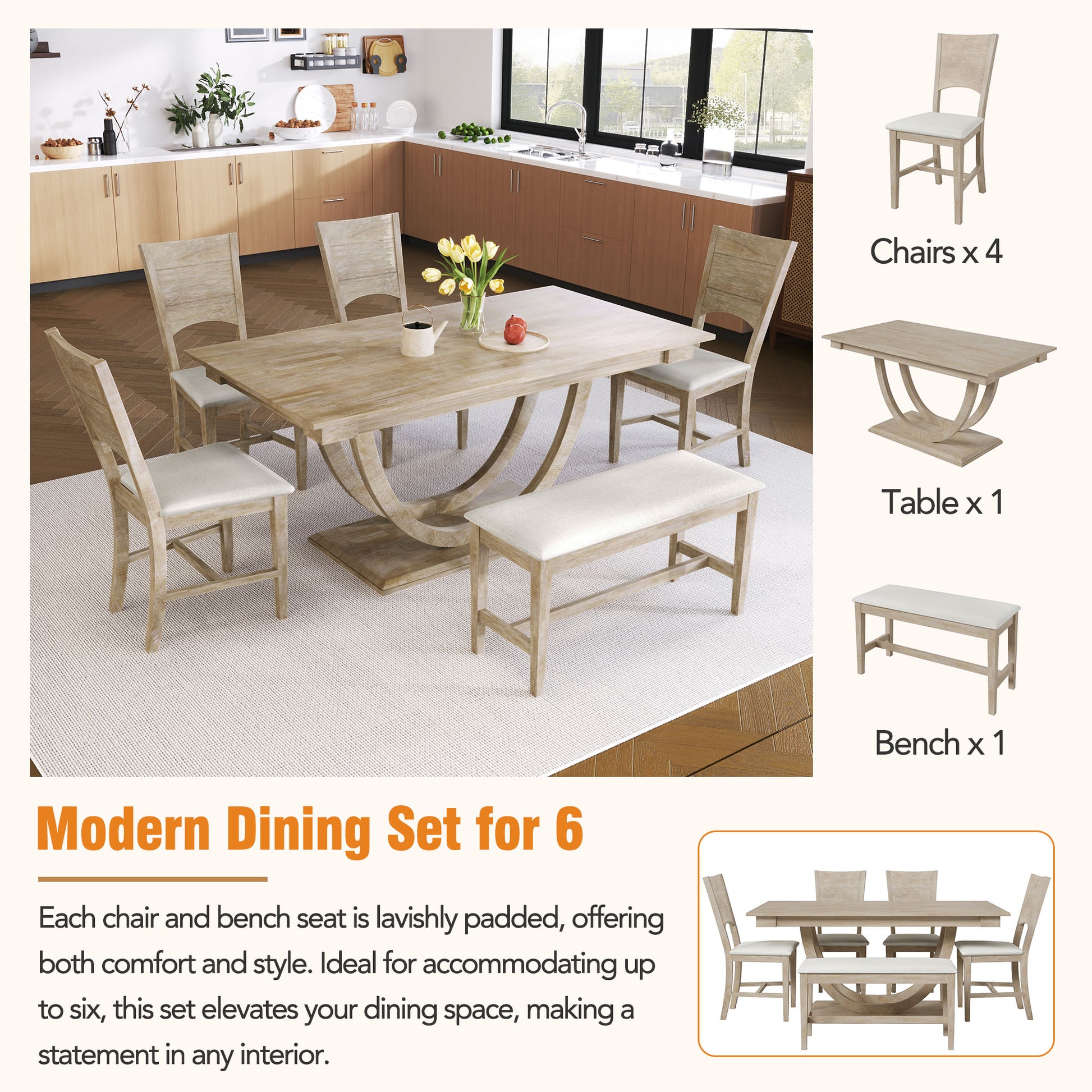 TOPMAx 6- Piece Wood Half Round Dining Table Set Kitchen Table Set With Long Bench And 4 Dining Chairs  Modern Style  Natural