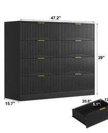 Modern 8 Drawers Dresser Chests For Bedroom,47.2 Wide Wood Chest Of Drawers With Gold Metal Handle,Drawer Organizer For Bedroom,Living Room,Hallway And Entryway,Black