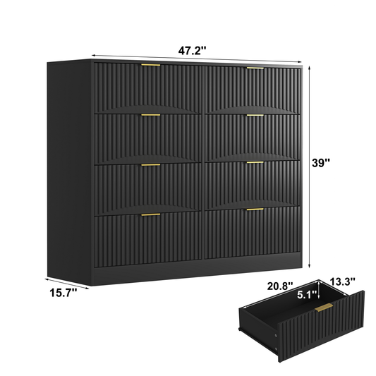Modern 8 Drawers Dresser Chests For Bedroom,47.2 Wide Wood Chest Of Drawers With Gold Metal Handle,Drawer Organizer For Bedroom,Living Room,Hallway And Entryway,Black