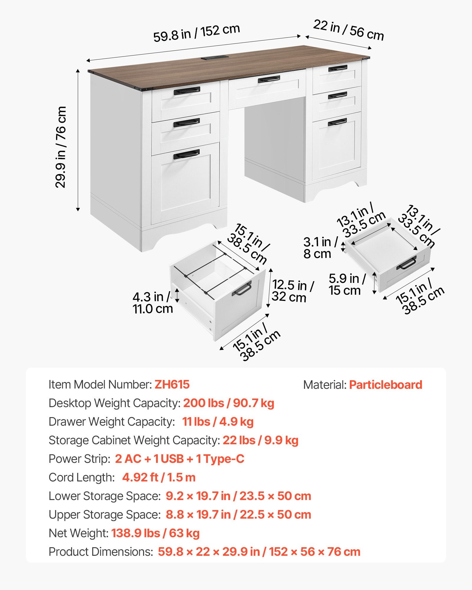 Executive Desk, Farmhouse Office Table With Charging Station, Heavy Duty Particle Board Executive Table With Storage Drawers, 200 LBS Load Capacity, Easy Assembly, For Work Study Writing, Walnut