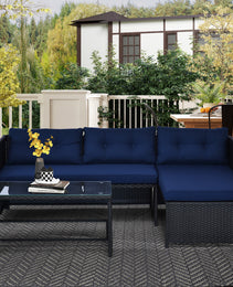3 Piece Patio Furniture Set, Rattan Outdoor Sofa Set With Chaise Lounge & Loveseat, Soft Cushions, Tempered Glass Table, L-Shaped Sectional Couch, Blue