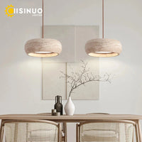 Wabi Sabi Cave Natural Stone Pendant Lamp Travertine Stone Round LED Dining Room Chandelier Adjustable Hanging for Kitchen Islan