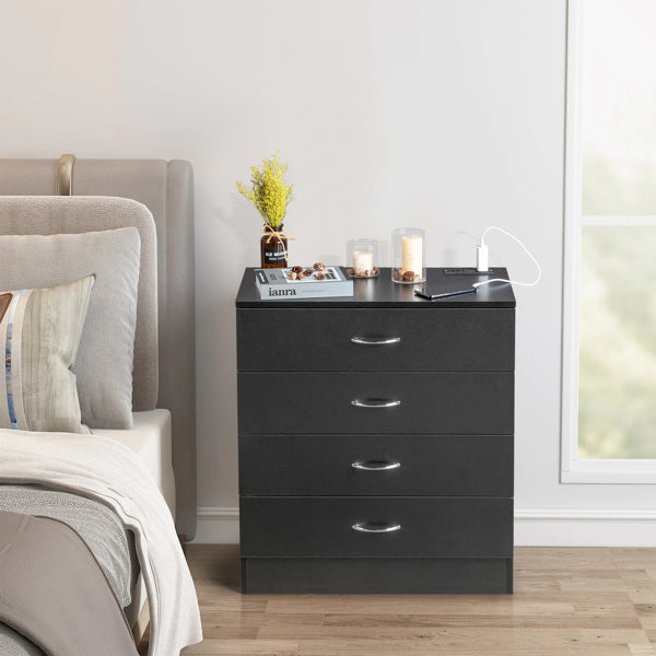 4 Drawer Chest  2 USB    2 Sockets  Nightstand Black