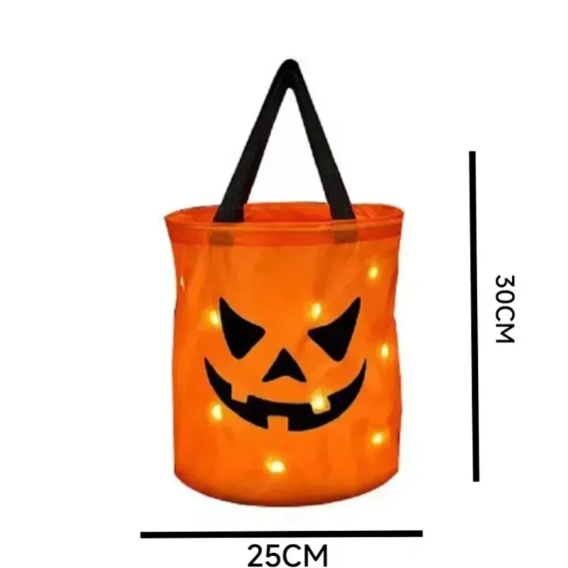 1-20PCS Halloween Pumpkin Tote Bag LED Light Up Handle Reusable Trick or Treat Candy Bag for Kids Party Decor Gift Present