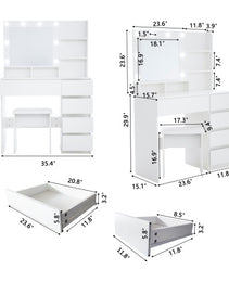 Vanity, Makeup Vanity Desk Set With Mirror  Light, Dressing Table Storage Lots With Power Strip, 3 Lighting Modes With Adjustable Brightness, 37 Inches White With Stool - CJDS