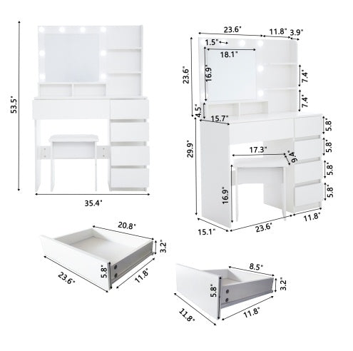 Vanity, Makeup Vanity Desk Set With Mirror  Light, Dressing Table Storage Lots With Power Strip, 3 Lighting Modes With Adjustable Brightness, 37 Inches White With Stool - CJDS