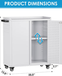 Metal Storage Cabinet With 2 Doors And 4 Hooks,Top Workbench Mobile Tool Chests Garage Cabinets With 4 Wheels And Lock Push Arm For Home,Office,Shop White