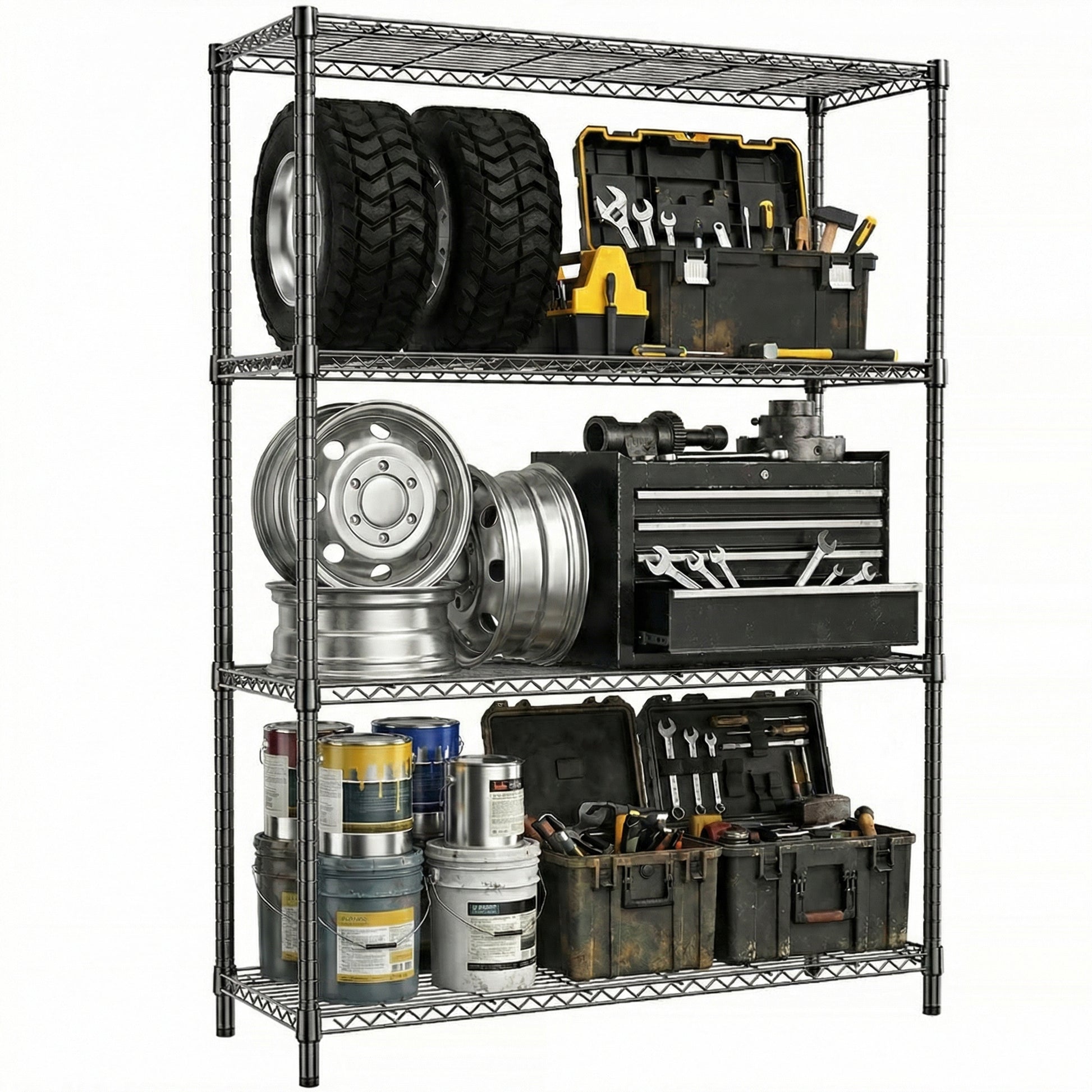 1400 LBS Garage Black Shelving Wide Storage Shelves 4 Tier Adjustable Heavy Duty Metal Wire Rack Standing Shelf Unit For Kitchen Office College Dorm Garage Warehouse 15.8  X 45.8 X 59.4