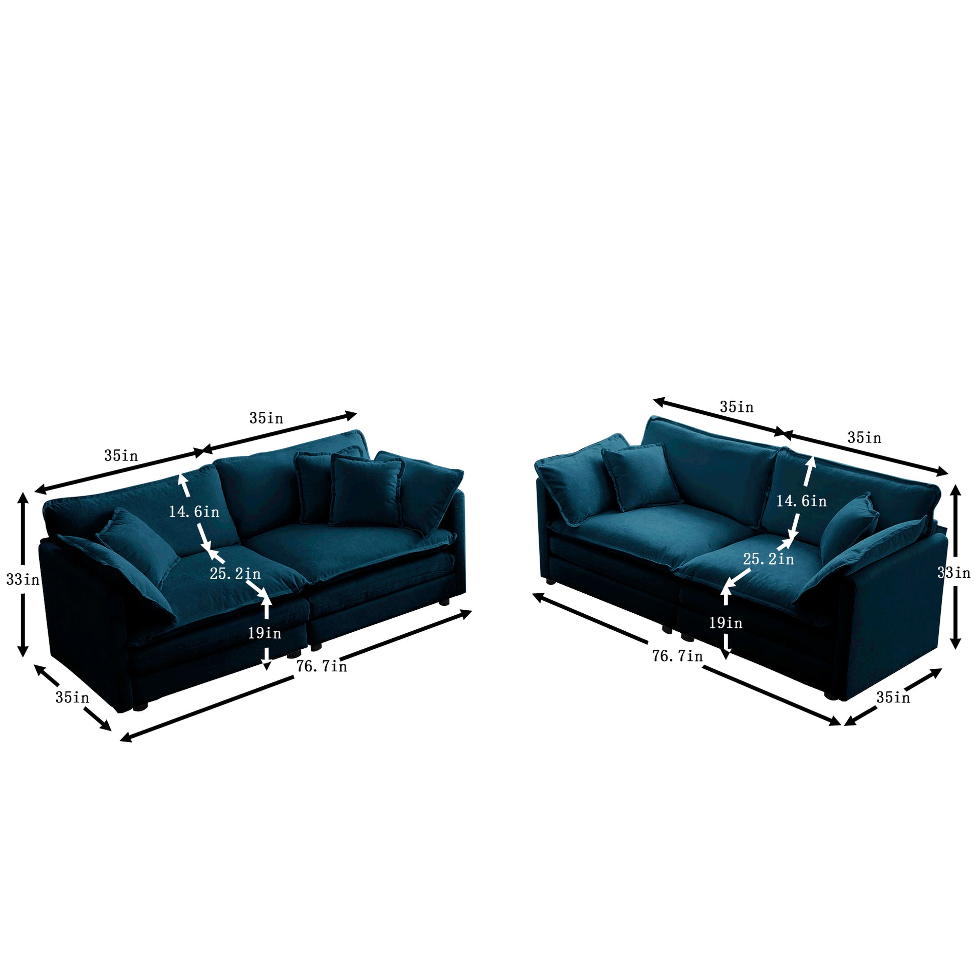 2 - Piece Living Room Set , 2 Pieces Upholstered Loveseat And Couch For Home Office Lounge,  Sofa Set Of 2, 2-Piece 2-2 Seat Couch Set For Living Room ,Blue Chenille