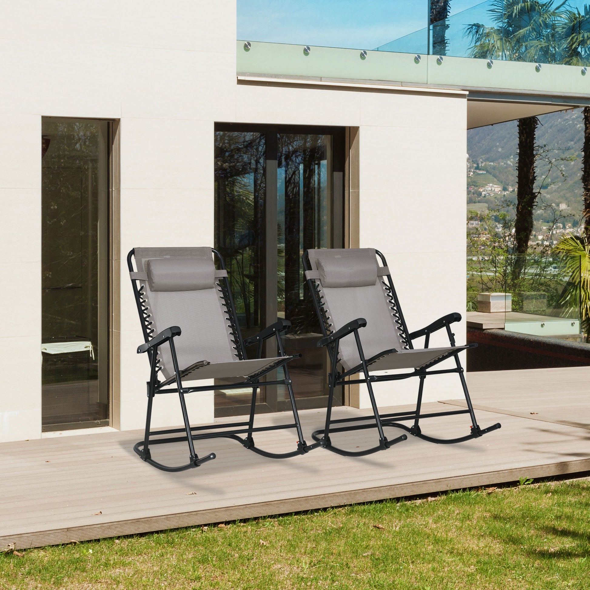 Outdoor Rocking Chair Set Of 2, Patio Folding Lawn Rocker Set With Headrests For Yard, Patio, Deck, Backyard, Gray