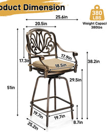 2pcs Bronze Color, Beige Cushion, Cast Aluminum Bar Stool