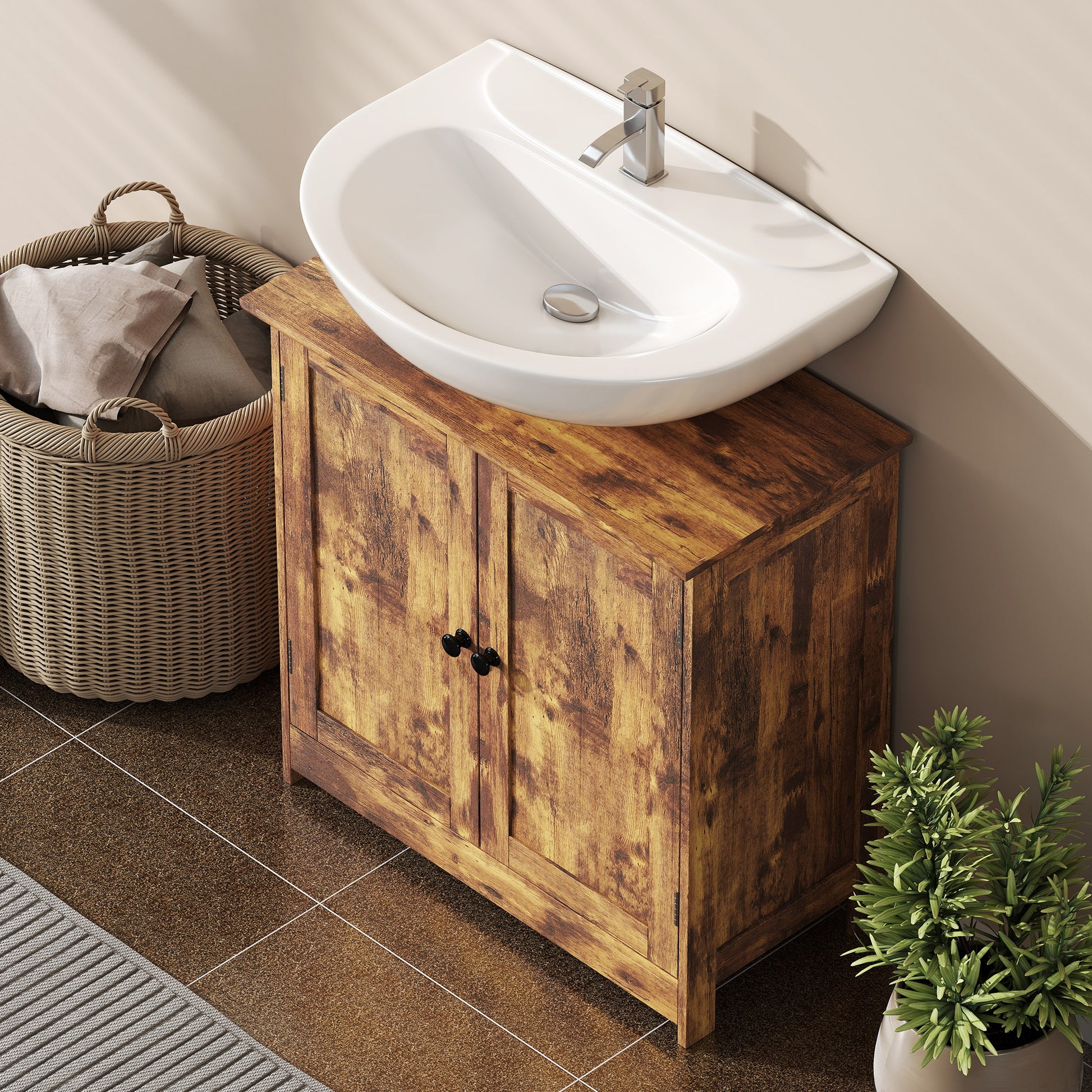 Bathroom Vanity Cabinet, Under Sink Bathroom Cabinet with 2 Doors and Adjustable Shelf, Rustic Brown