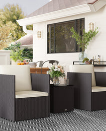 Folding Wicker Bistro Set, 3 Piece Patio Furniture Set with Cushions and Glass Coffee Table for Porch, Balcony, Brown