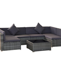 7-Piece Patio Furniture Set, Outdoor Wicker Conversation Set, All Weather PE Rattan Sectional Sofa Set with Cushions and Tempered Glass Top Coffee Table, Pillows, Gray
