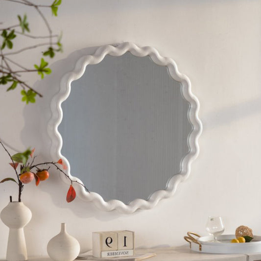 White Scalloped Round Wall Mirror, Wavy Frame For Living Room Bedroom Bathroom Decor