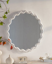 White Scalloped Round Wall Mirror, Wavy Frame For Living Room Bedroom Bathroom Decor