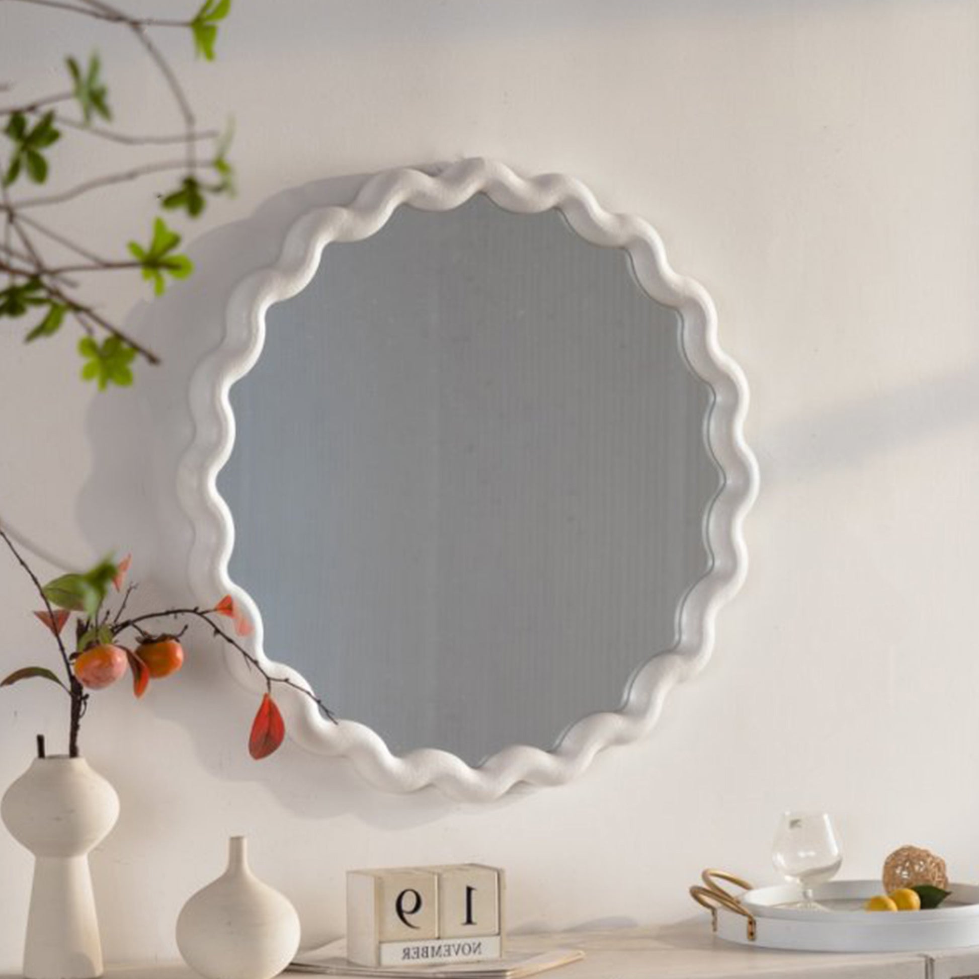 White Scalloped Round Wall Mirror, Wavy Frame For Living Room Bedroom Bathroom Decor