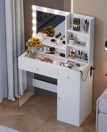 Vanity Desk With Mirror And 3 Lighting Modes, Makeup Vanity With Glass Top And Storage Shelves, Dressing Table With 2 Drawers And Cabinet - CJDS