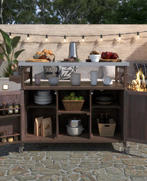 K&K Outdoor Kitchen Island, Rolling Bar Cart & Storage Cabinet, Farmhouse Solid Wood Outdoor Grill Table With Stainless Steel Top, Spice Rack , Towel Rack For Kitchen & Barbecue , Dark Brown