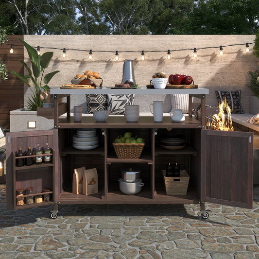 K&K Outdoor Kitchen Island, Rolling Bar Cart & Storage Cabinet, Farmhouse Solid Wood Outdoor Grill Table With Stainless Steel Top, Spice Rack , Towel Rack For Kitchen & Barbecue , Dark Brown