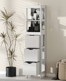 Narrow Bathroom Storage Cabinet, Bathroom Cabinet with 3 Drawers & 2 Open Shelves, Slim Bathroom Floor Cabinet, White
