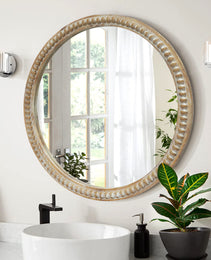Round Decorative Wall Mirror, 23.62  Distressed Wood Beaded Frame Mirror For Entryway, Living Room, Bathroom, Farmhouse Style Accent Mirror