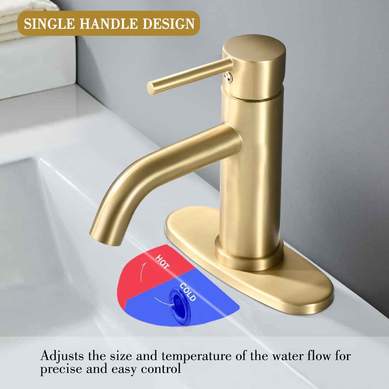 Universal 1 & 3-Hole Bathroom Faucet, ADA Compliant With 6.57 High Waterfall Spout In Brushed Gold Stainless Steel