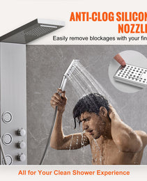 Shower Panel System, 4 Shower Modes Shower Panel Tower, Rainfall, Waterfall, 5 Full Body Massage Jets And 3-Setting Handheld Shower Head With 59" Hose, Stainless Steel Wall-Mounted Shower Set