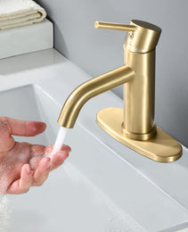 Universal 1 & 3-Hole Bathroom Faucet, ADA Compliant With 6.57 High Waterfall Spout In Brushed Gold Stainless Steel