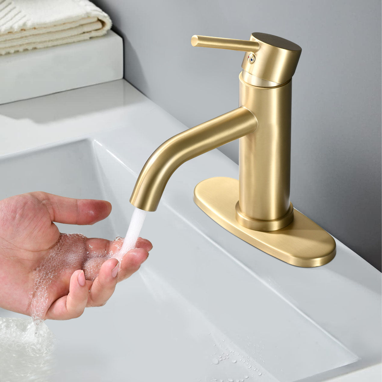 Universal 1 & 3-Hole Bathroom Faucet, ADA Compliant With 6.57 High Waterfall Spout In Brushed Gold Stainless Steel