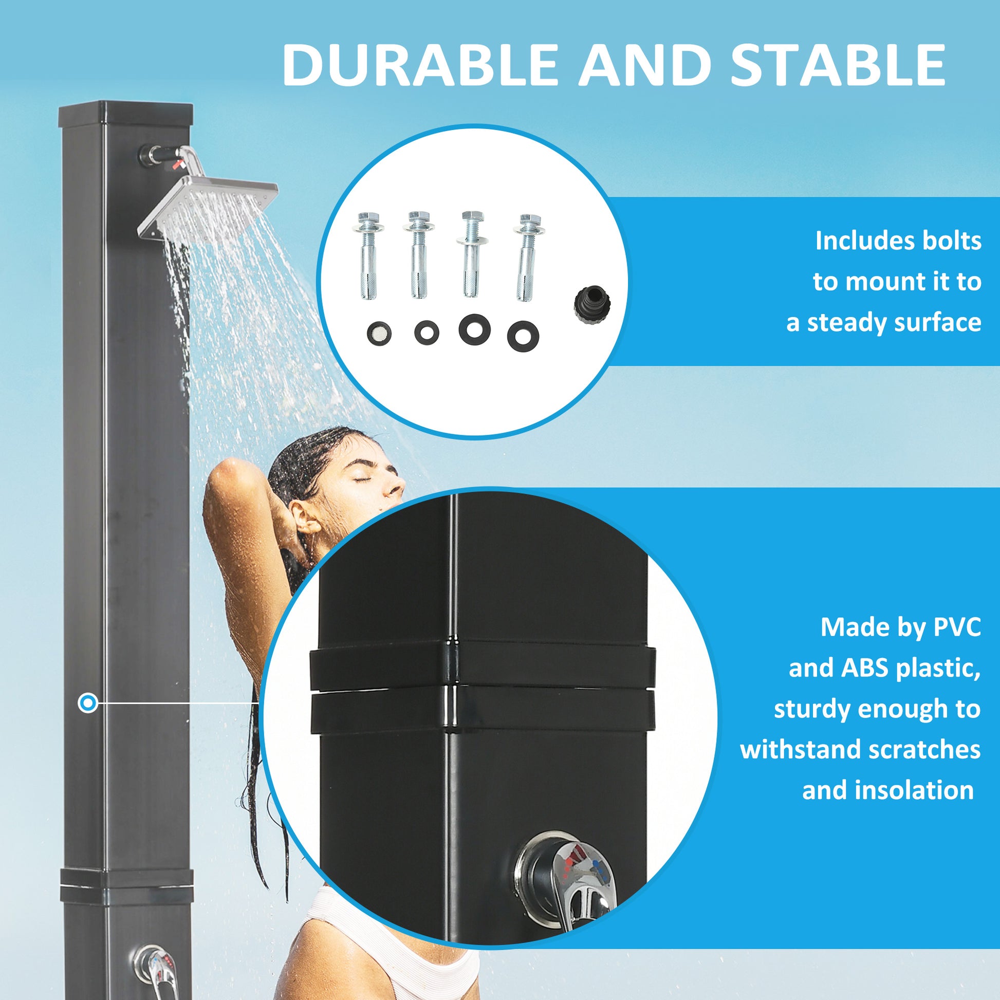 10.6 Gallons Solar Heated Shower with Free-Rotating Shower Head, Temperature Adjustment & Foot Shower, 2-Section Outdoor Shower for Backyard Poolside Beach Pool Spa, 7ft