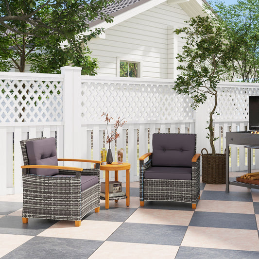 Outdoor Bistro Set Wicker Patio Furniture With Cushions For Porch, Backyard, Garden, Gray