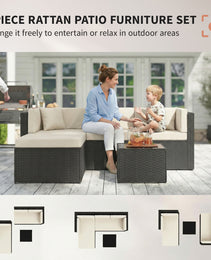 3 Piece Patio Furniture Set, Wicker Outdoor Patio Conversation Furniture Set with Cushions, Glass Top Table, Beige