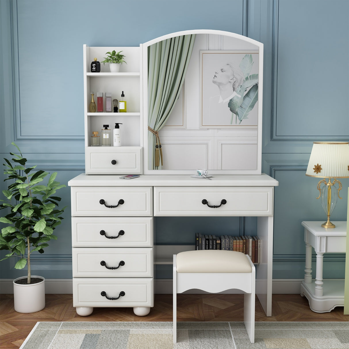 Vanity Desk With Mirror & Lights, Makeup Table Set - CJDS