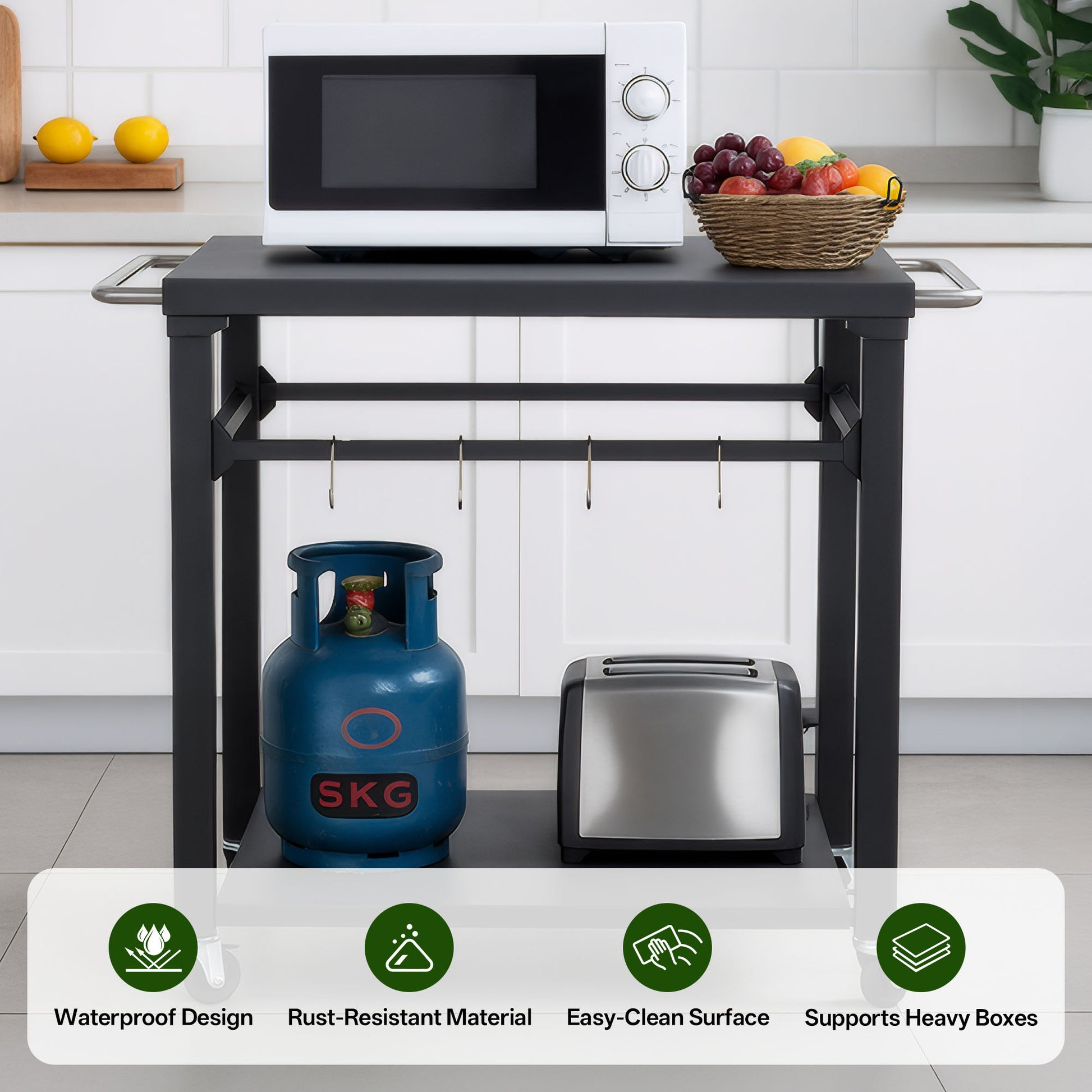 2-Tier Outdoor Grill Cart With Locking Wheels & Tool Hooks, Movable BBQ Prep Table, Rolling Serving Bar Cart For Patio, Backyard, Pizza Oven Stand, Black