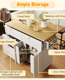TOPMAx Farmhouse Kitchen Island With Drop Leaf And 2 Seatings  Kitchen Table Set With Storage Cabinet  Drawers  Door Shelves And Power Outlet  White
