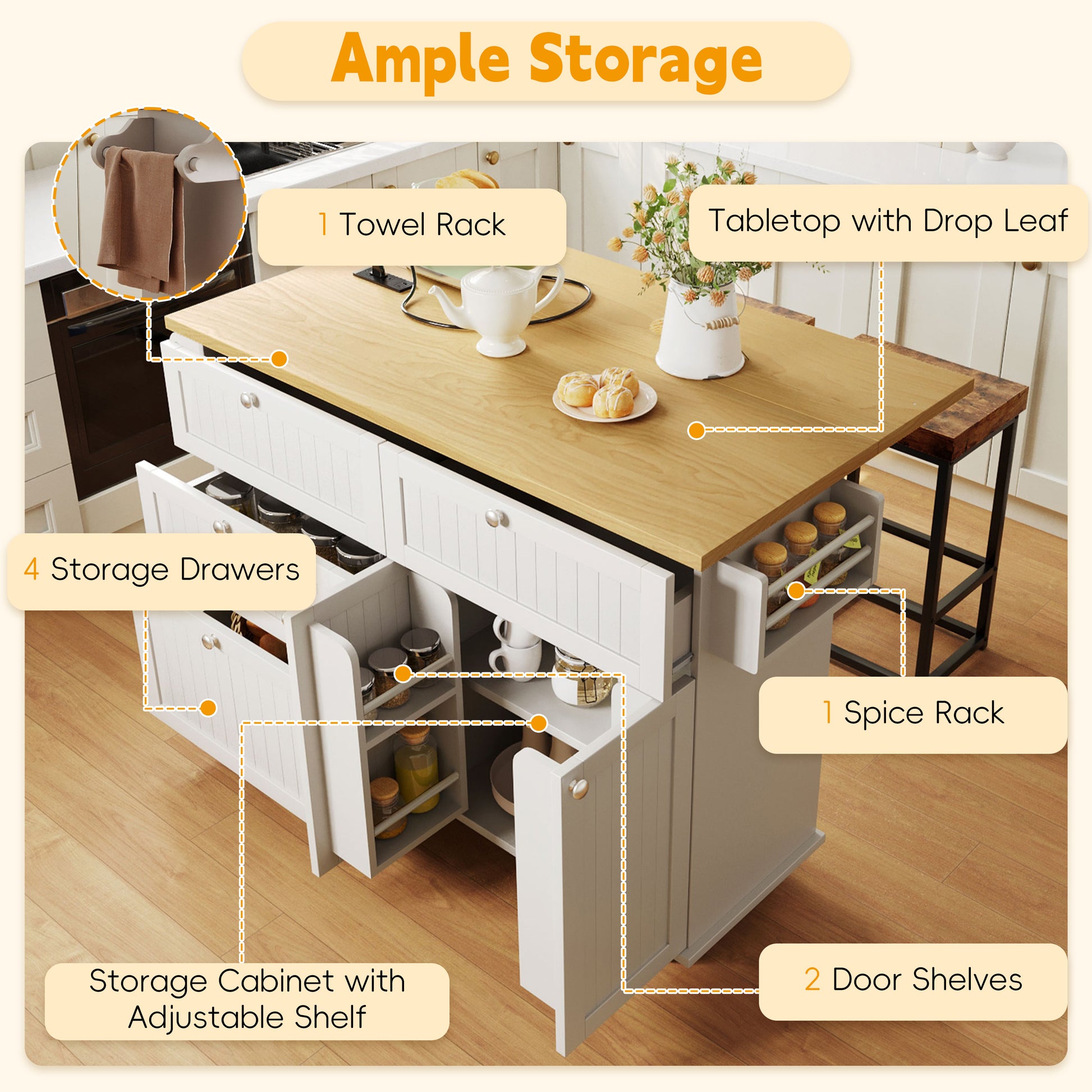 TOPMAx Farmhouse Kitchen Island With Drop Leaf And 2 Seatings  Kitchen Table Set With Storage Cabinet  Drawers  Door Shelves And Power Outlet  White