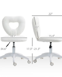 Armless Computer Desk Chair, Office Task Chair, Teddy Fleece Heart Makeup Vanity Chair With Swivel Wheels, White