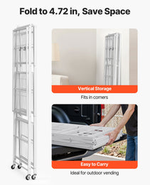 4-Tier Foldable Storage Shelf, 36W X 21D X 60 H Inch Folding Metal Rack Shelving Unit, No Assembly Organizer Shelf With 5 Wheels & 4 Hooks For Pantry, Kitchen, Garage, Basement, White