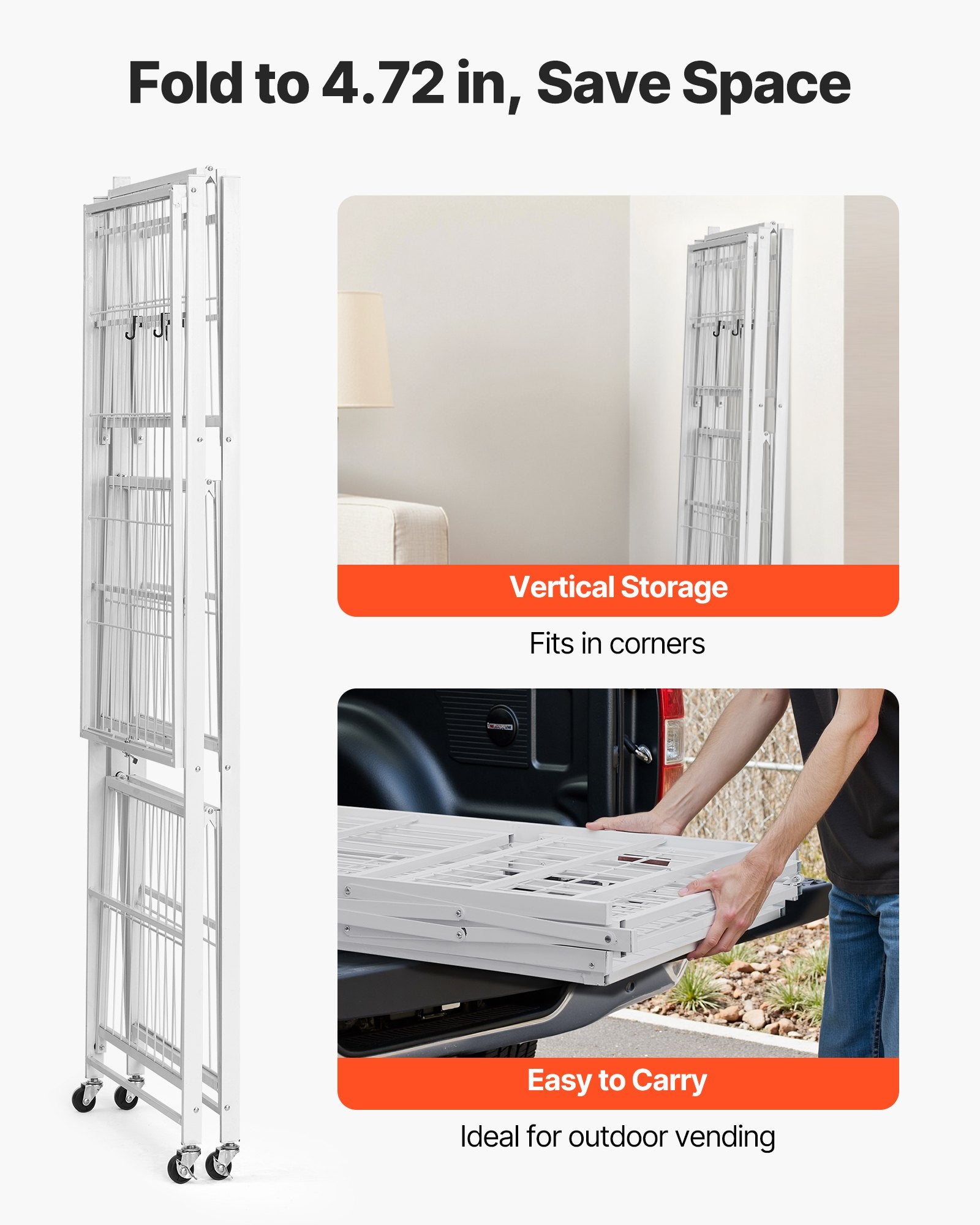 4-Tier Foldable Storage Shelf, 36W X 21D X 60 H Inch Folding Metal Rack Shelving Unit, No Assembly Organizer Shelf With 5 Wheels & 4 Hooks For Pantry, Kitchen, Garage, Basement, White