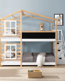 Full Over Full  Bunk Bed House Bed With Roof Windows Blackboard And Storage Ladder Platform Bed,bed Frame