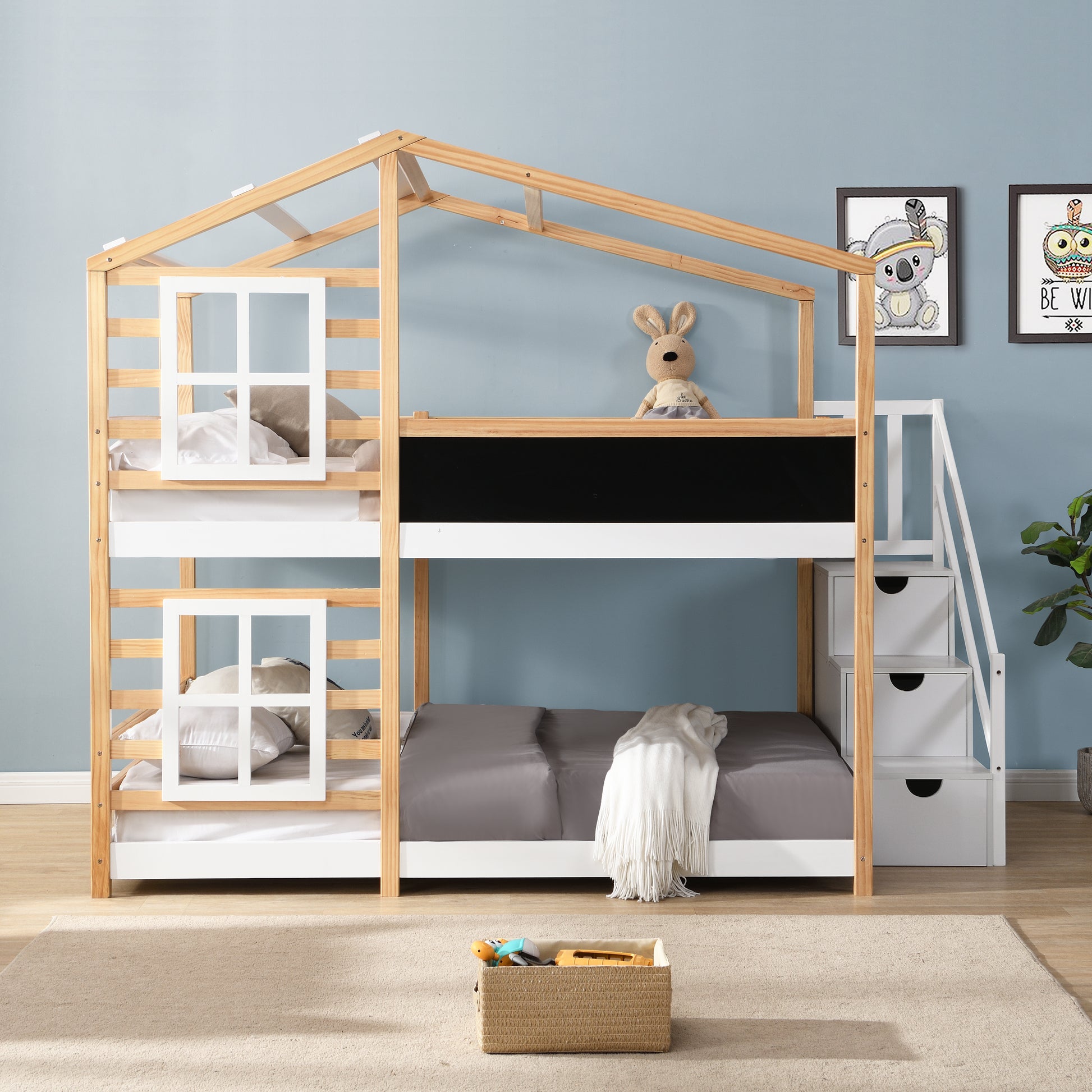 Full Over Full  Bunk Bed House Bed With Roof Windows Blackboard And Storage Ladder Platform Bed,bed Frame