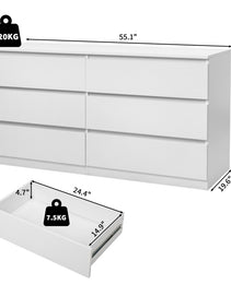 6 Drawer Double Dresser For Bedroom, Wide Storage Cabinet For Living Room Home Entryway, White