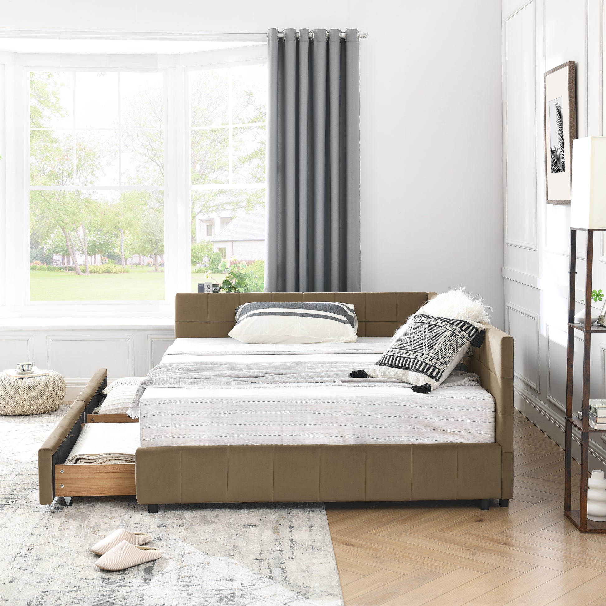 Full Size Storage Upholstered Tufted Bed Frame, Sofa Bed Frame With Comfortable Backrest And Armrests, Full Size Bed For Bedroom, Living Room,Velvet, BROWN 80.5x59x29.5