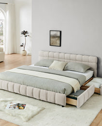 King Size Upholstered Bed ,comfortable Upholstered Bed Frame, Chenille Fabric, With Headboard And Solid Bed Frame. With Drawer For Storage.-Beige 88.5x85.5x31
