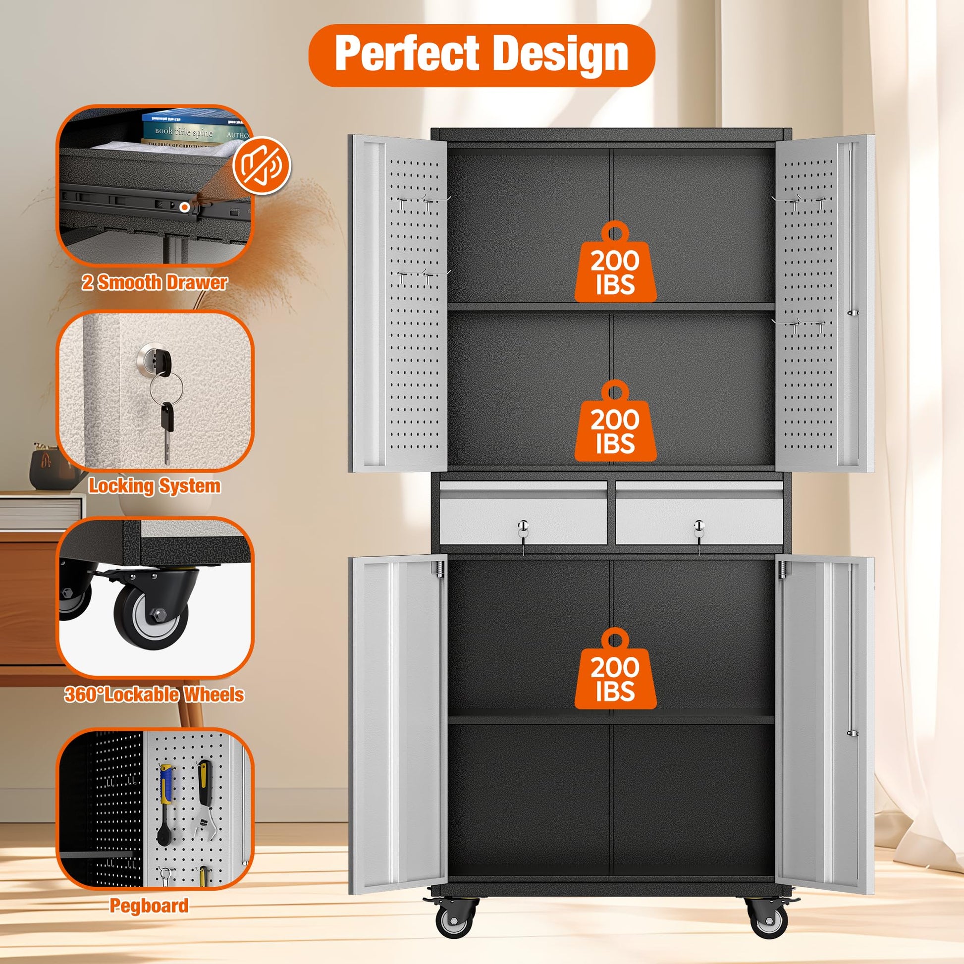 Aobabo Metal Storage Cabinet With Locking Doors And Pegboards, Steel Rolling Tool Storage Cabinet With 2 Drawer And 2 Adjustable Shelves For Garage, Kitchen, Office, Assembly Required, Black Grey