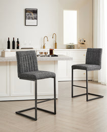 Bar Stool - Speckled Gray Textured Fabric With Vertical Tufted Backrest    Sturdy Black Metal Frame & Footrest For Kitchen Island & Home Bar 2 Sets