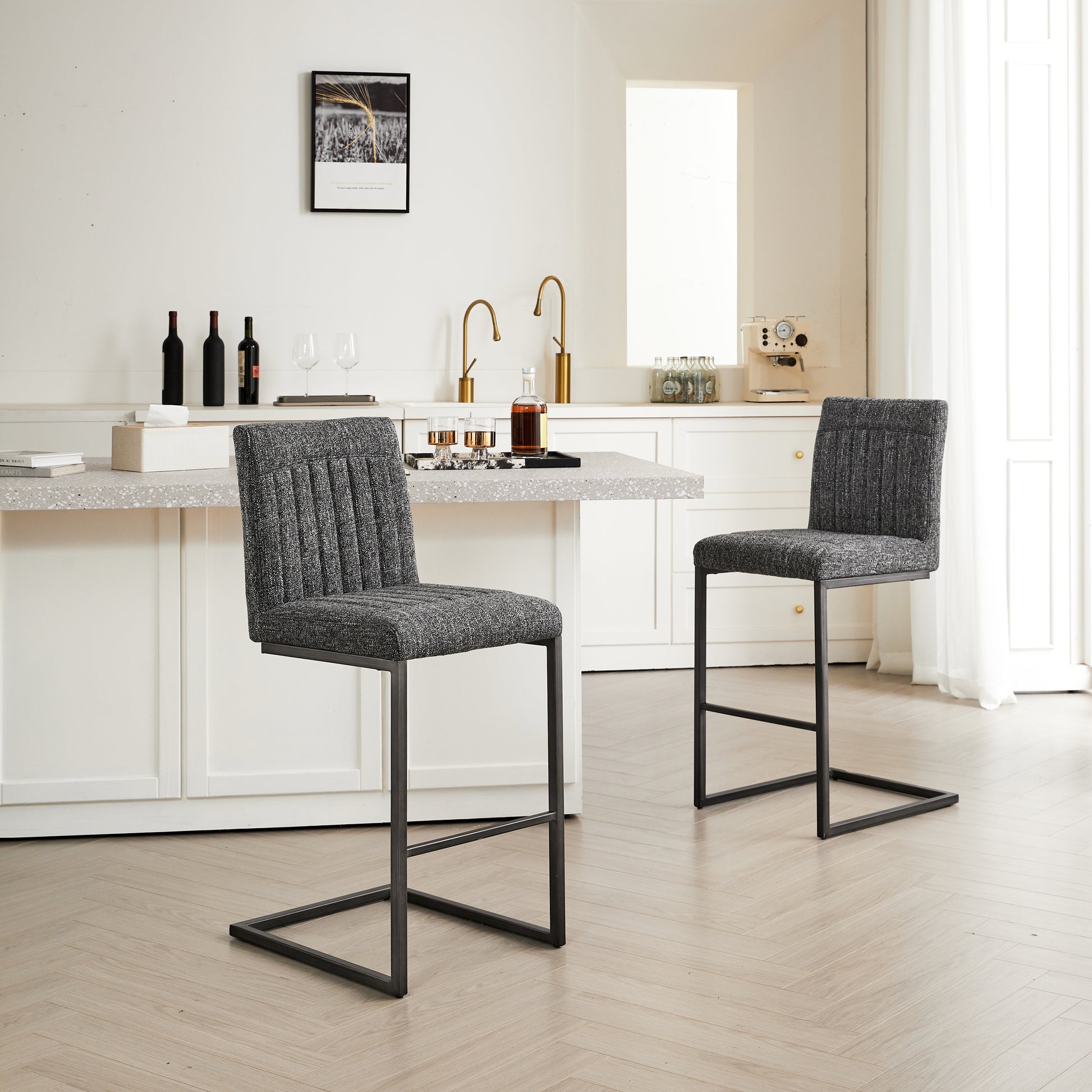 Bar Stool - Speckled Gray Textured Fabric With Vertical Tufted Backrest    Sturdy Black Metal Frame & Footrest For Kitchen Island & Home Bar 2 Sets