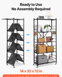 5-Tier Foldable Storage Shelf, 32W X 14D X 72H Inch Folding Metal Rack Shelving Unit, No Assembly Organizer Shelf With 5 Wheels & 4 Hooks For Pantry, Kitchen, Garage, Basement, Black