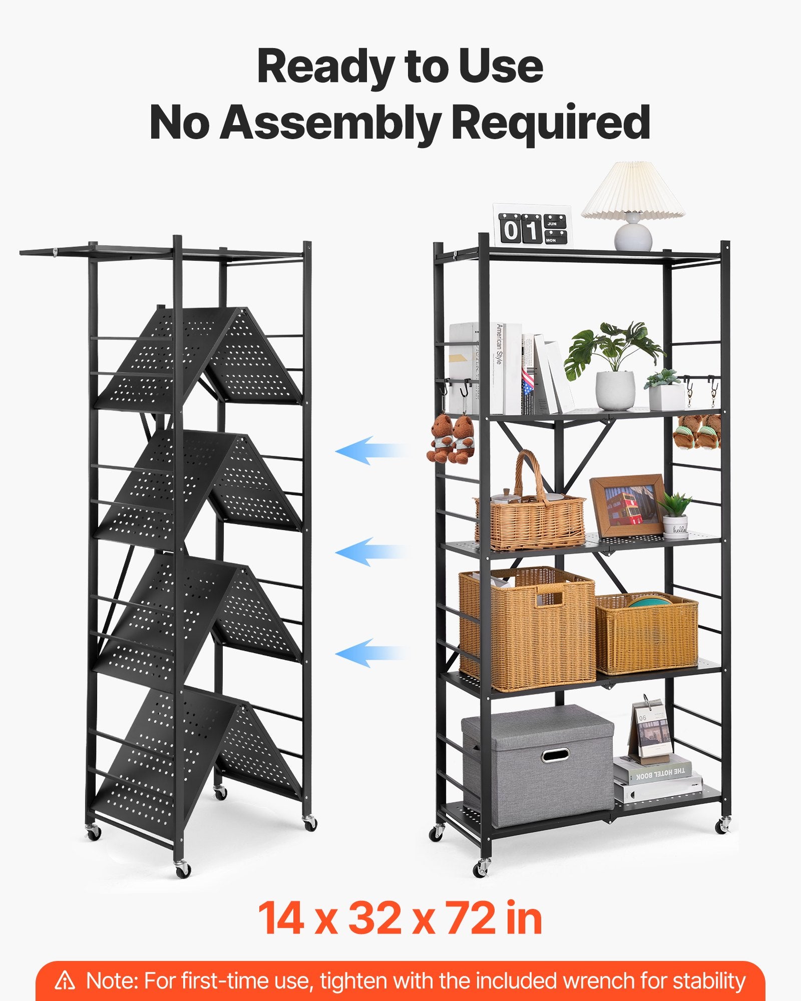 5-Tier Foldable Storage Shelf, 32W X 14D X 72H Inch Folding Metal Rack Shelving Unit, No Assembly Organizer Shelf With 5 Wheels & 4 Hooks For Pantry, Kitchen, Garage, Basement, Black